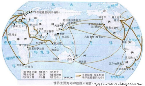 图:世界主要海港及海运航线图