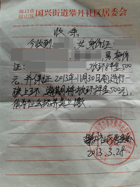 琼山区攀丹居委会工作人员要求徐先生缴纳500元的"上环押金"的收条