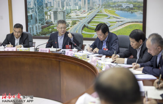 1月28日下午，省长沈晓明到海口代表团听取代表们对政府工作报告的意见。 海南日报记者宋国强摄