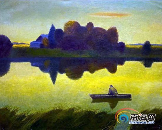 俄罗斯国立列宾美术学院油画展即将展出的油画作品――《孤舟蓑立翁》。南海网记者 沙晓峰 摄