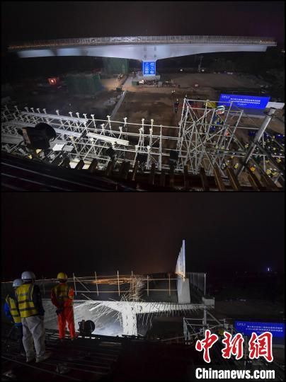 1月27日凌晨，海口美兰机场二期周边路网工程涉铁段项目双幅T构箱梁同步完成空中83度“转身”。　骆云飞　摄