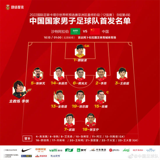 本场国足首发阵容。图片来源：中国足球队。