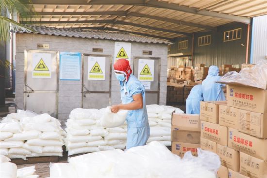 9月11日，在位于定安塔岭工业园区的海南乐椰食品有限公司厂区内，工人将一批要发出的货物摆放整齐。 通讯员 毛景慧 摄
