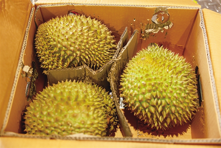 来自泰国的“树上熟”榴莲。海口美兰机场供图